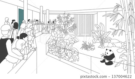 熊貓館、動物園遊客、熊貓吃竹子的插畫素材，線畫，熱帶植物，背景素材 137004622