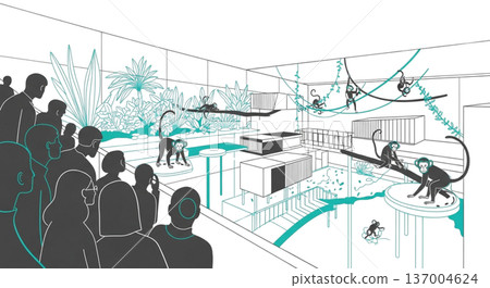 Monkey exhibit facility illustration material Zoo Visitors Monkey house Monkey cage Tropical plants Line drawing Background material 137004624