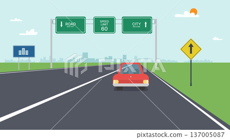 Red Car Driving on a Highway Toward a City Skyline with Road Signs and Speed Limit flat vector illustration Red Car Driving on a Highway Toward a City Skyline with Road Signs and Speed Limit flat vector illustration 137005087