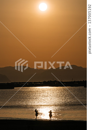 江之島迎來了春天——清晨，人們在東濱海灘眺望大海 137005192
