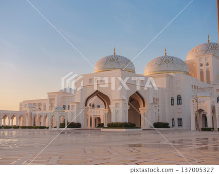 Abu Dhabi, UAE January 15, 2024 Qasr Al Watan s exterior entrance during the sunset. Abu Dhabi, UAE January 15, 2024 Qasr Al Watan s exterior entrance during the sunset. 137005327