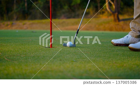 Golfers are putting golf in the evening golf course golf backglound. 137005386