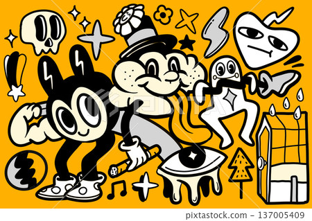 Cartoon doodle character comic retro style bold line playful expressive illustration 137005409