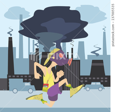Running man in the protective mask on industrial factory background. Young man in the gas mask runs and listens music on player using headphones. Bad ecology. Factory smoke. Dust Air Pollution Running man in the protective mask on industrial factory background. Young man in the gas mask runs and listens music on player using headphones. Bad ecology. Factory smoke. Dust Air Pollution 137005535
