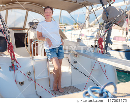 Adult Woman Enjoying Sunny Day On Yacht Finike Marina Turkey Adult Woman Enjoying Sunny Day On Yacht Finike Marina Turkey 137005573