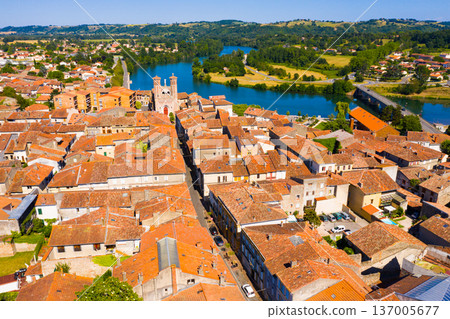 Aerial view of Cazeres with Church of Notre Dame 137005677