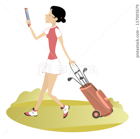 Young golfer woman on the golf course holding smartphone. Young woman with golf bag looking at smart phone 137005679