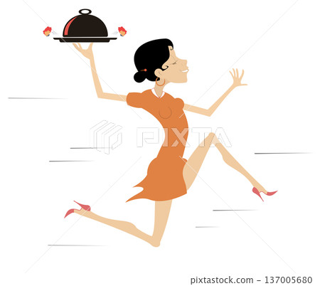 Running young woman with cloche serving plate.  Running young woman carries a cloche serving plate 137005680