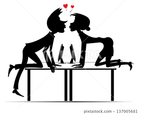 Office. Man and woman in love. Young man and woman falling in love and kissing on the table in office. Black and white illustration Office. Man and woman in love. Young man and woman falling in love and kissing on the table in office. Black and white illustration 137005681