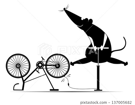 Cycling rat or mouse and a broken bicycle.  Cartoon rat or mouse inflates the wheel of the bicycle. Black and white illustration 137005682