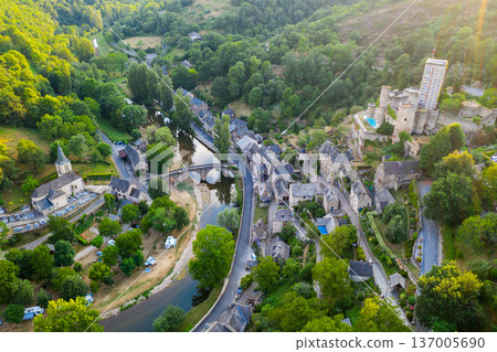 Aerial view of French village of Belcastel with castle in summer Aerial view of French village of Belcastel with castle in summer 137005690
