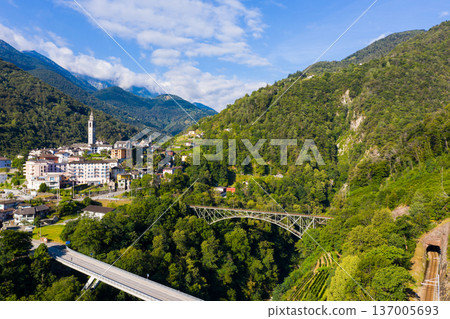 View from drone of alpine township of Intragna, Switzerland 137005693