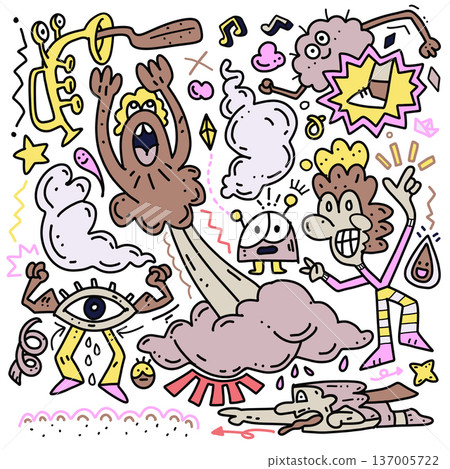 Cartoon doodle monkey cloud eye character playful surreal colorful fun fantasy whimsical 137005722