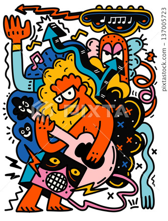 Colorful cartoon musician playing guitar with energetic abstract shapes, music notes Colorful cartoon musician playing guitar with energetic abstract shapes, music notes 137005723