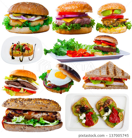 Collection of burgers, sandwiches and toasts on white Collection of burgers, sandwiches and toasts on white 137005745