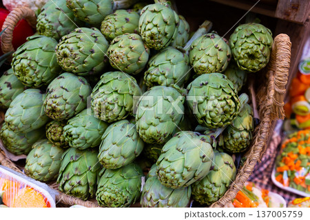 Artichokes on market display 137005759
