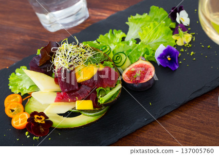 Close up of tasty salad of raw tuna, avocado, mango and greens 137005760