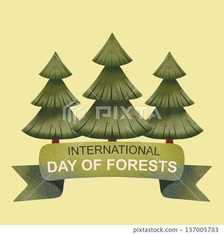 International Day of Forests poster. Hand drawn illustration in a simple watercolor style. Brochure with green trees. 137005783