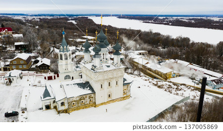 View from drone of Murom Resurrection convent on winter day, Russia 137005869
