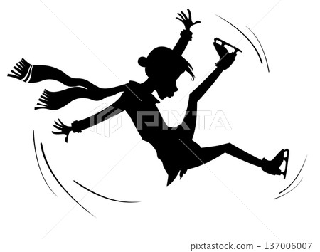 Falling down figure skater woman.  Winter sport. Young figure skater woman slips on the ice. Black on white background 137006007