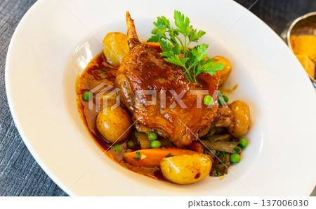 Delicious roasted duck leg. Traditional french dish Delicious roasted duck leg. Traditional french dish 137006030