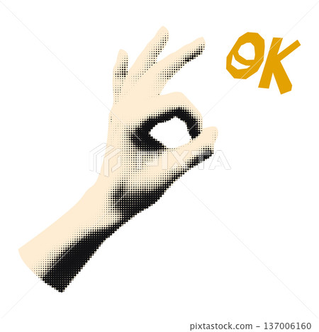 Halftone hand emoji OK sign with doodle text. Retro comic okay gesture of success, approval or agreement Cut out sticker for collage and scrapbook Modern retro mixed media vector illustration isolated 137006160