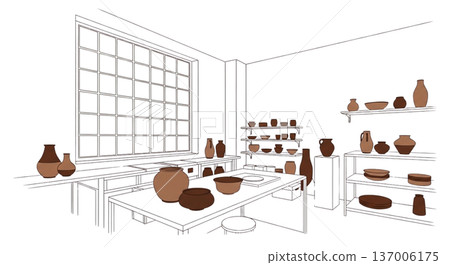陶藝工作室內部 陶藝工作坊 窗戶、架子和器皿 工作室插圖 137006175