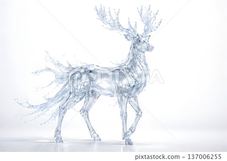 Deer sculpture with splashing antlers and crystal clear water Deer sculpture with splashing antlers and crystal clear water 137006255