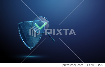 3d blue shield under magnifying glass with green check mark inside. Security verification, protection validation, risk control, safe infrastructure monitoring concept. 137006358