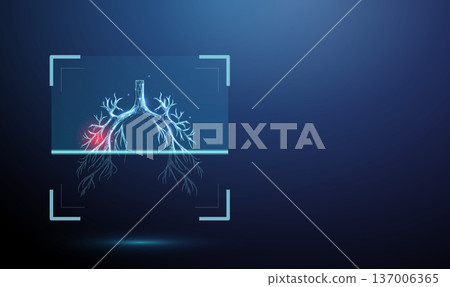 Human lungs inside digital scanning frame with red spot indicating abnormal area Pulmonary examination, disease detection, tumor identification, inflammation screening concept 137006365
