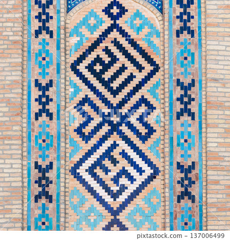 Ornate blue and turquoise tile mosaic panel 137006499