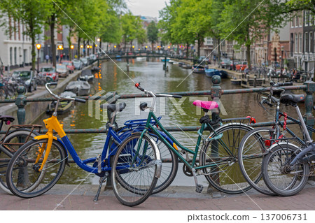 Parked Bicycles Bridge Amsterdam 137006731