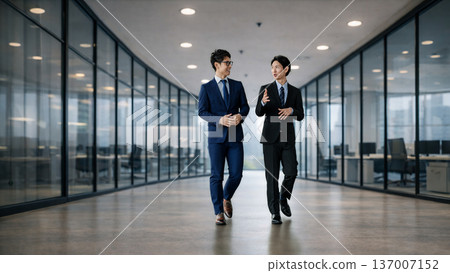 Two male businessmen walking and talking 137007152