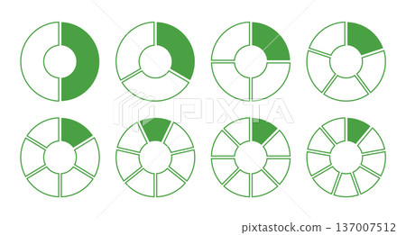 Wheel round green divided diagrams with neon segments. Circle division on 1 2 3 4 5 6 7 8 9 qual parts. Coaching green blank. Infographics set. 137007512