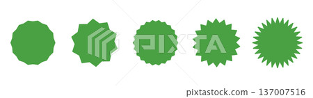 Set of green circle stickers. Star burst shape tag for price, shops. Wavy edge promo green badges. Flat vintage label. Blank sale sticker collection, simple silhouette. Set of green circle stickers. Star burst shape tag for price, shops. Wavy edge promo green badges. Flat vintage label. Blank sale sticker collection, simple silhouette. 137007516