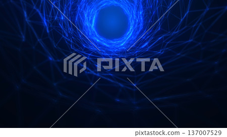 Futuristic blue digital tunnel with glowing network lines and dots forming energy vortex on dark background. Abstract technology structure with depth and motion feel. Futuristic blue digital tunnel with glowing network lines and dots forming energy vortex on dark background. Abstract technology structure with depth and motion feel. 137007529
