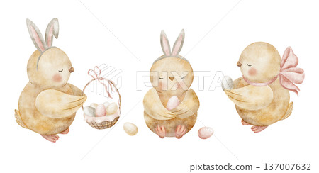Set of Easter chicks in bunny ears holding colorful eggs. Watercolor illustrations in childlike style. Hand-drawn isolated from background for design holiday card, posters, banners, tableware clothing 137007632