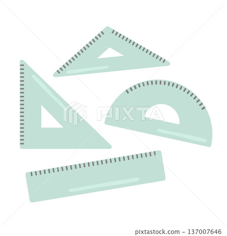 Set of triangle rulers, rulers, and protractors Set of triangle rulers, rulers, and protractors 137007646