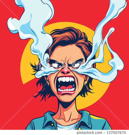 Vsai furious young woman screaming with smoke coming from eyes Vsai furious young woman screaming with smoke coming from eyes 137007678