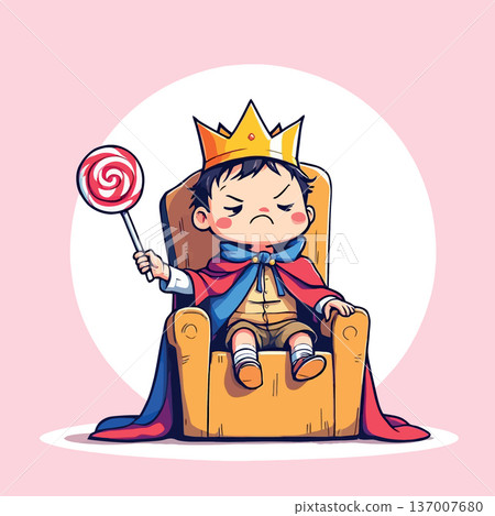 Vsai grumpy little boy king holding a lollipop Vsai grumpy little boy king holding a lollipop 137007680