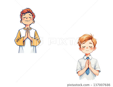 Vsai two boys praying with closed eyes and pressed hands 137007686