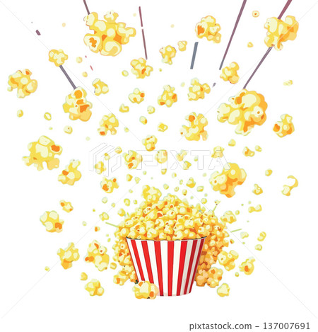 Vsai popcorn exploding from striped bucket for entertainment Vsai popcorn exploding from striped bucket for entertainment 137007691