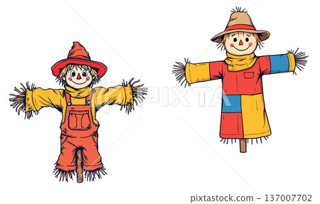 Vsai two friendly cartoon scarecrows standing smiling on white background 137007702