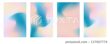 Set of soft vector wavy teal blue and pastel coral pink mesh gradient backgrounds. Abstract vibrant candy aquamarine and peach digital watercolor gradation for liquid concept, fluid design, banner 137007774