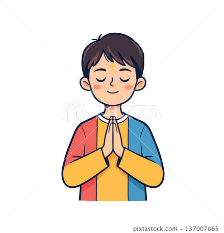 Vsai young boy praying during lent with ash cross 137007865