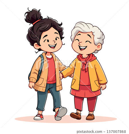 Vsai grandmother and granddaughter walking together, showing family love Vsai grandmother and granddaughter walking together, showing family love 137007868