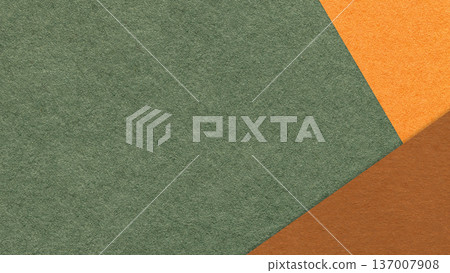 Dark olive textured paper background with orange brown triangular corners and copy space. Template for presentation, banner Dark olive textured paper background with orange brown triangular corners and copy space. Template for presentation, banner 137007908