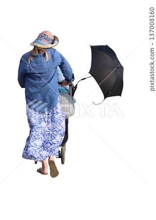 Mother pushing baby stroller with umbrella for sun protection Mother pushing baby stroller with umbrella for sun protection 137008160