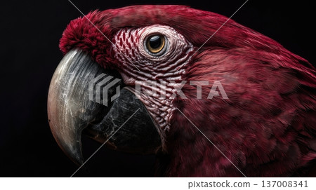 Close-up portrait of red macaw on black background, detailed exotic bird photography. 137008341
