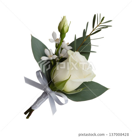 Elegant white rose boutonniere or corsage with fresh greenery and a satin ribbon, perfect for weddings, proms, and formal events 137008428